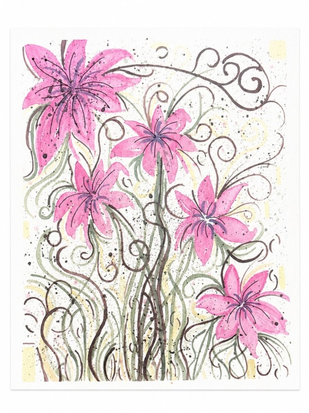 Original Pink Lily Floral Artwork Handmade Watercolor Style Drawing WhimsicalArt
